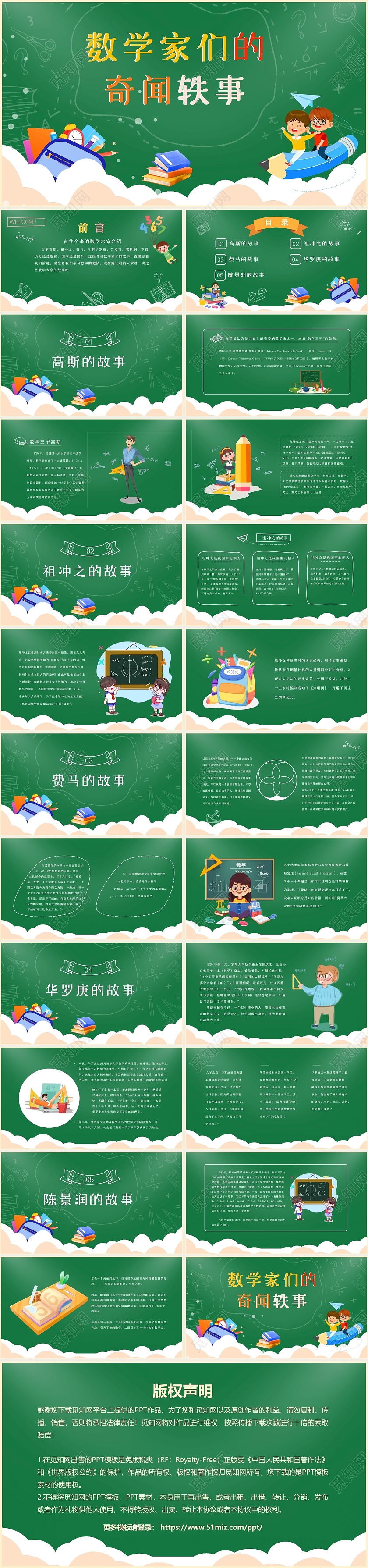绿色黑板风卡通手绘数学家们的奇闻轶事动态PPT模板说课