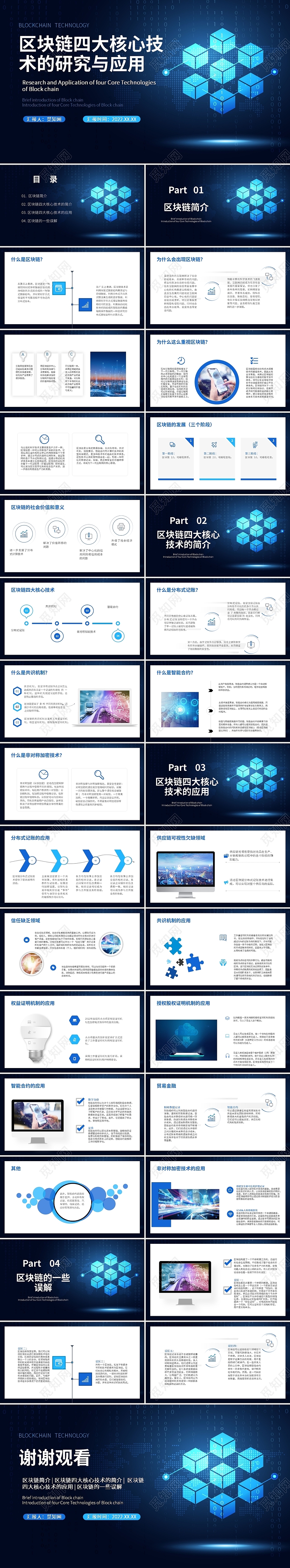 蓝色科技商务风区块链四大核心技术的研究PPT课件PPT模板