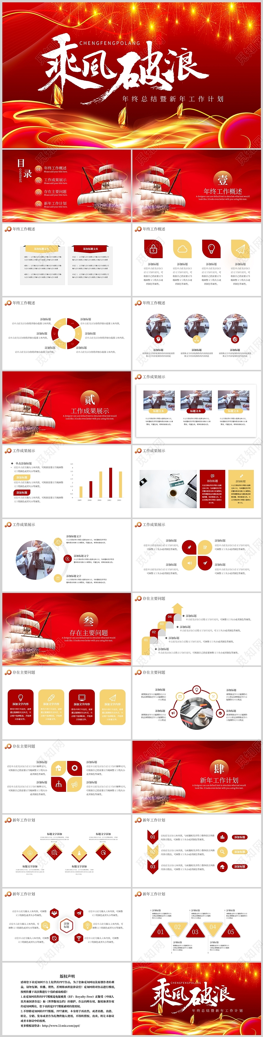 红色商务高端大气工作复盘总结汇报成果展示PPT模板乘风破浪年终总结