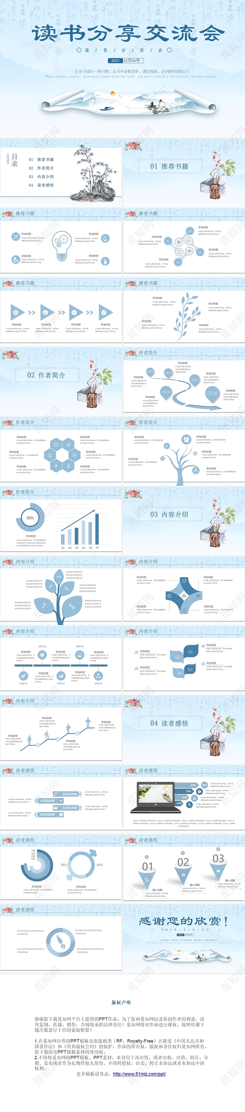 中国风蓝色典雅读书分享交流会汇报报告PPT模板