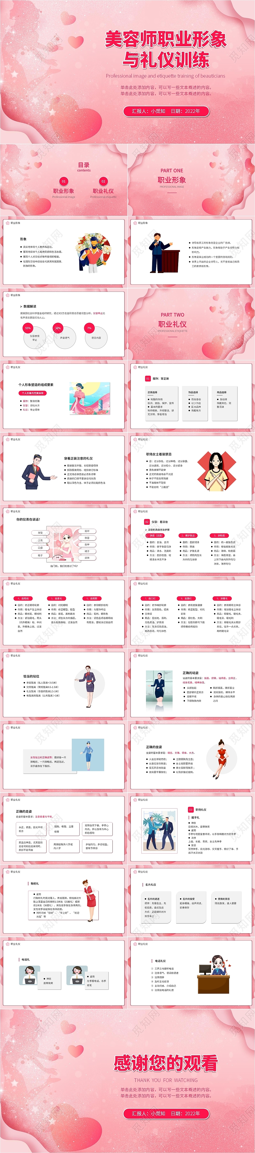 粉色唯美简约大气清新商务风美容师职业形象与礼仪训练PPT模板