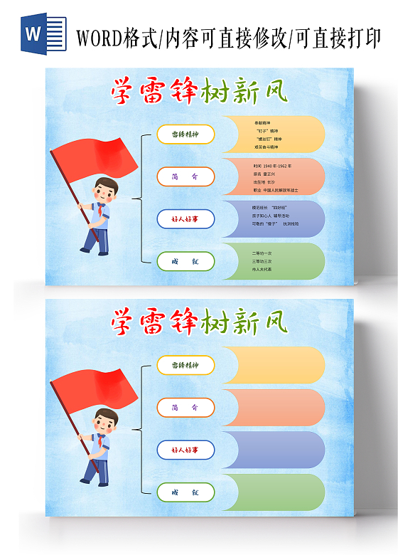 蓝色卡通学雷锋树新风语文手抄报卡通小报手抄报思维导图雷锋精神