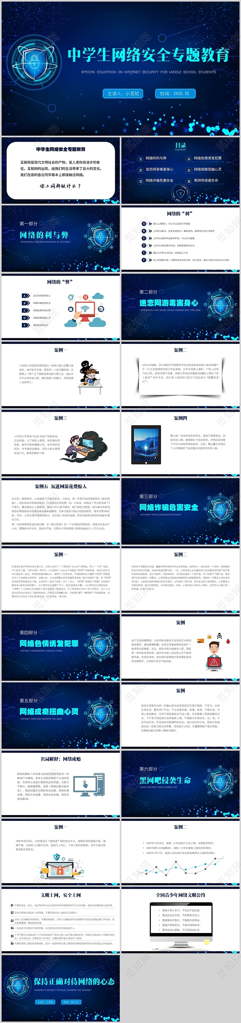 蓝色科技简约中学生网络安全专题教育PPT