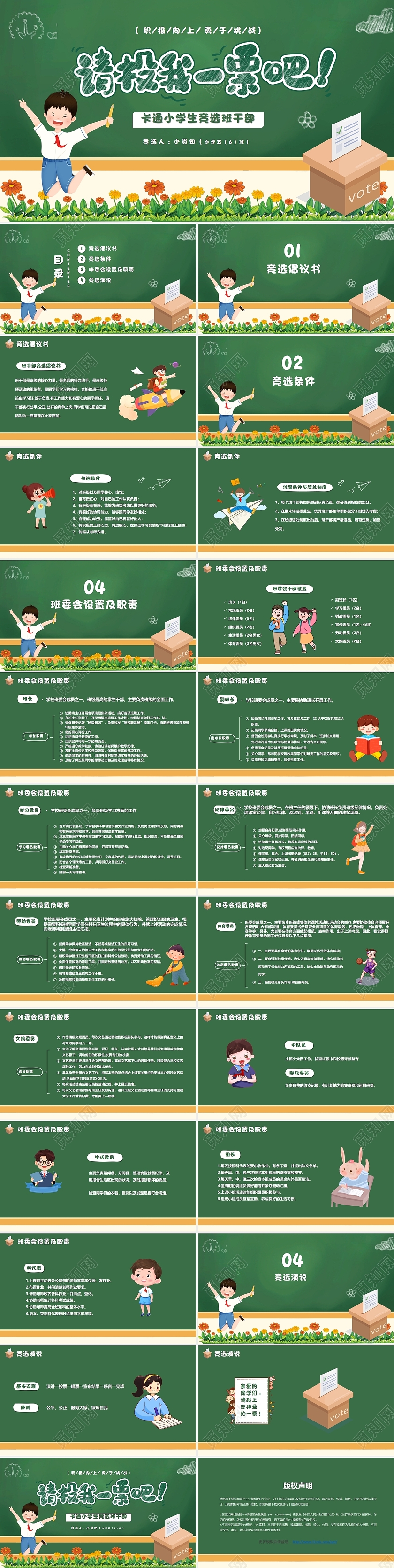 绿色黑板风小学生竞选班干部PPT模板班干部竞选