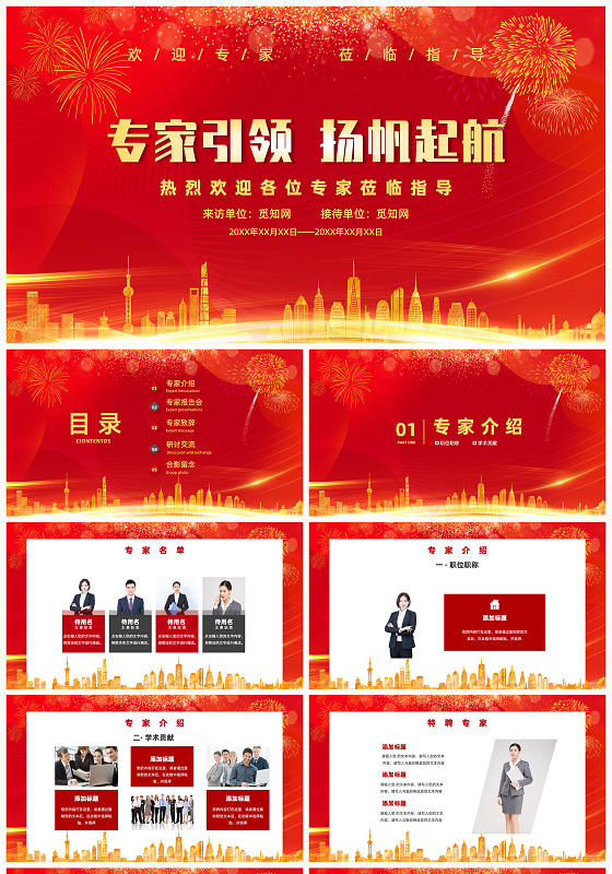 红色喜庆商务简约风欢迎专家莅临指导ppt