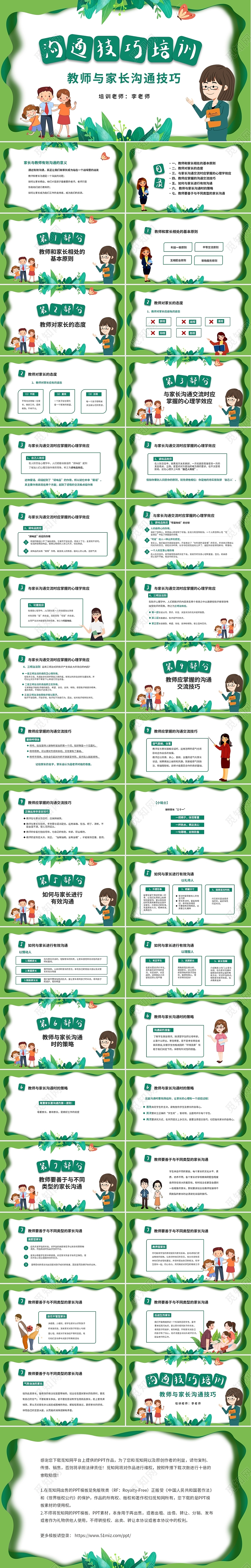 绿色清新手绘教师与家长沟通技巧培训PPT