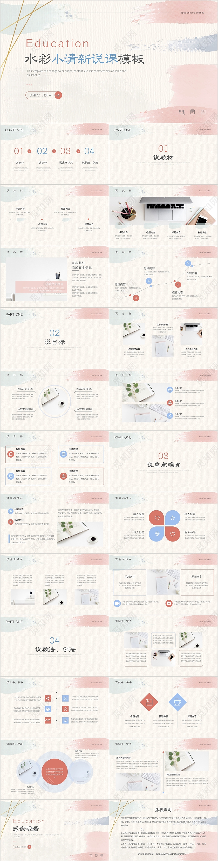 教师说课手绘水彩小清新说课教学课件上课PPT模板