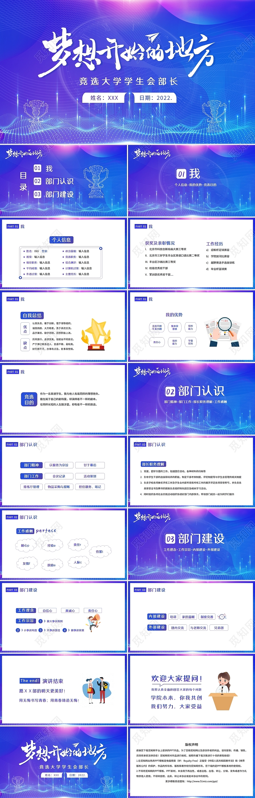 蓝色渐变风2022年大学学生会部长竞选PPT模板