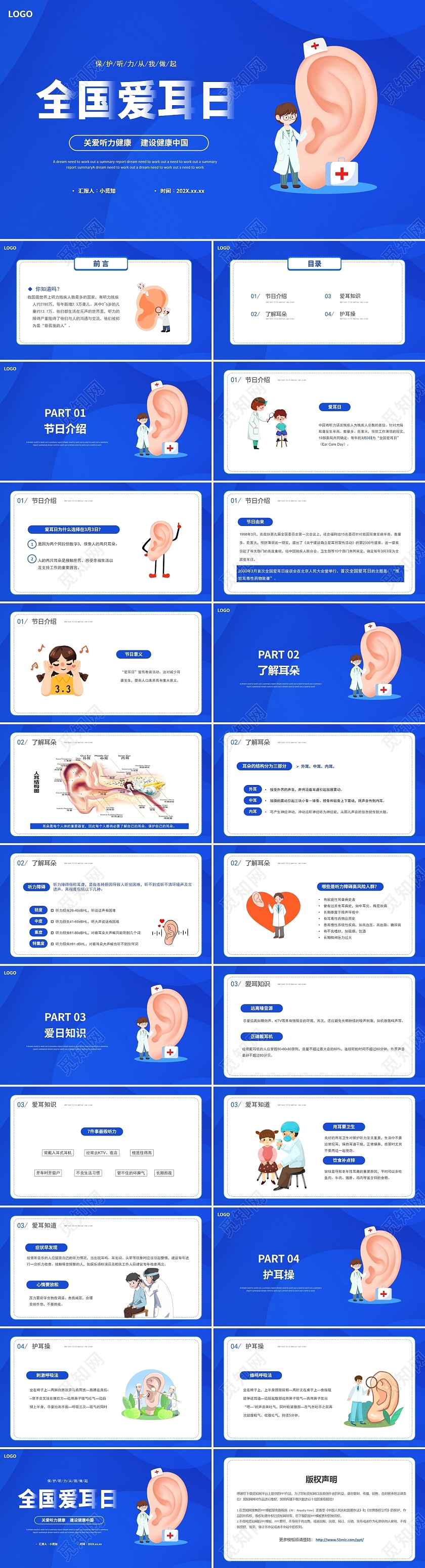 蓝色卡通全国爱耳日介绍PPT模板