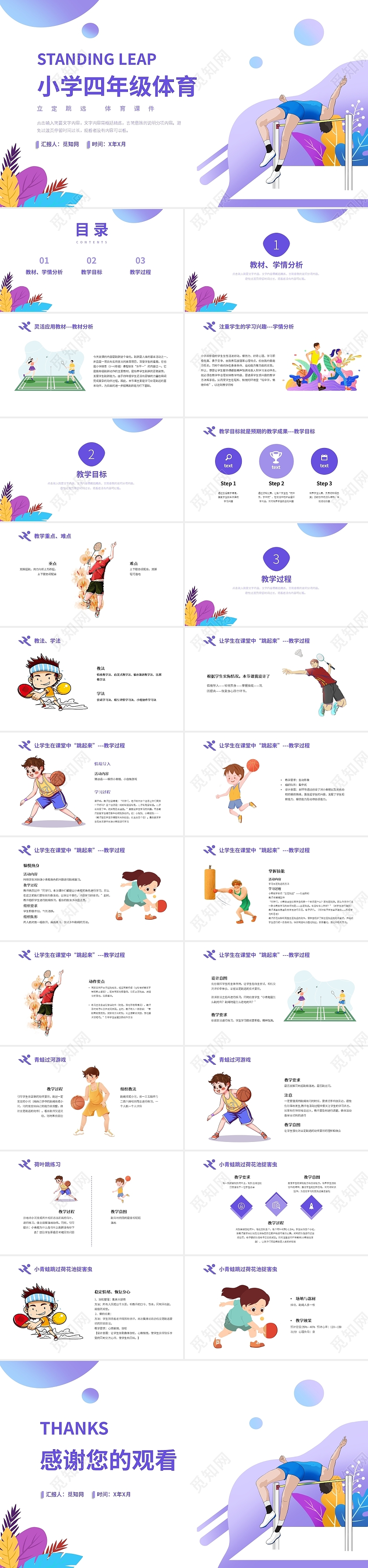 紫色简约风小学四年级体育立定跳远PPT课件