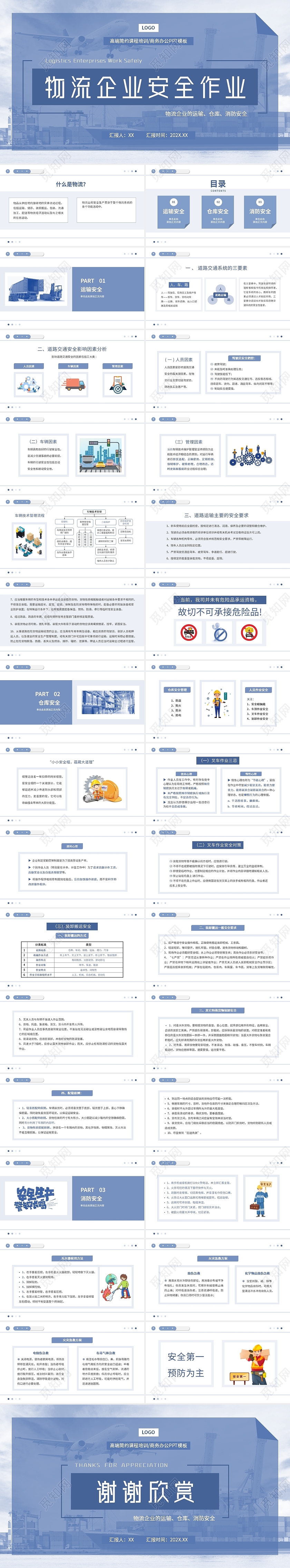 深蓝色几何简约清新物流企业安全作业专业知识课程培训PPT模板
