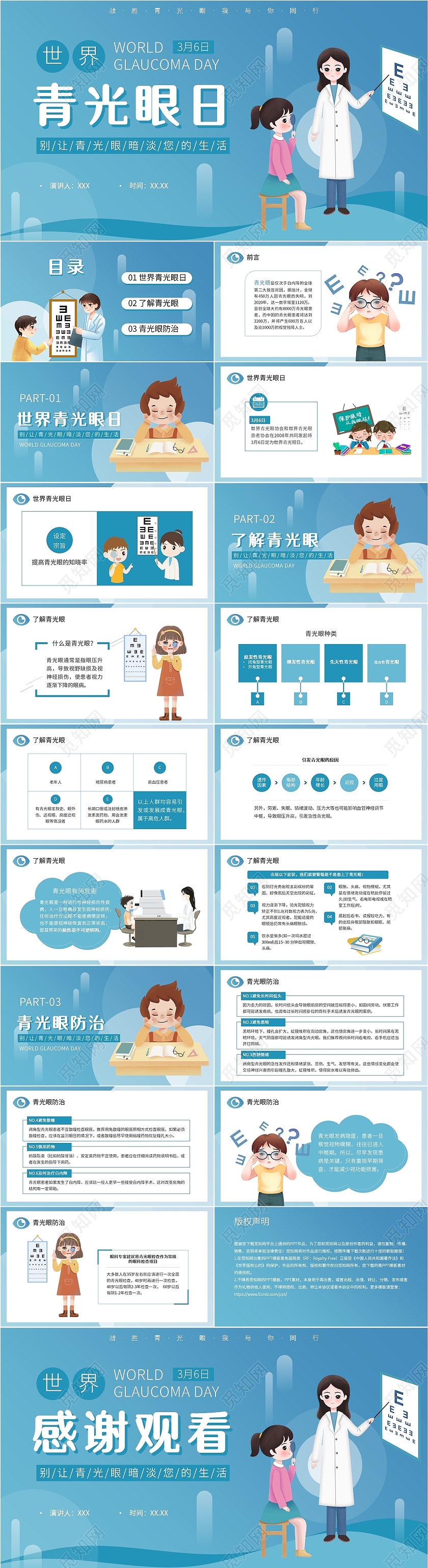 蓝色卡通风世界青光眼日培训PPT课件
