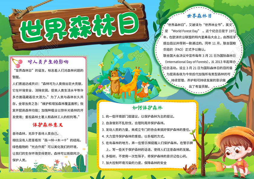 绿色卡通世界森林日小报手抄报