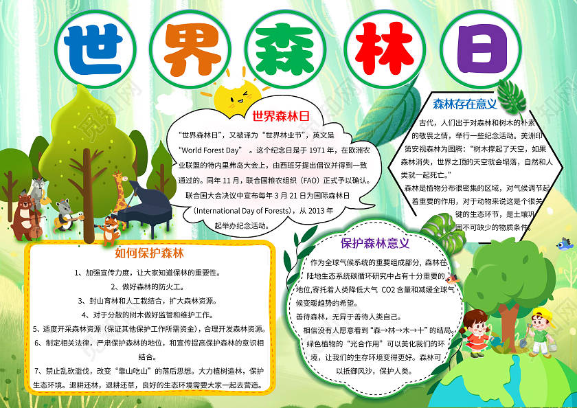 绿色卡通世界森林日小报手抄报森林小报