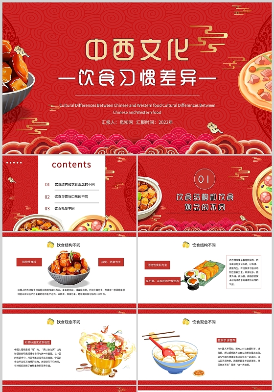 红色中国风国风简约中西方文化饮食习惯差异通用PPT模板中西文化饮食习惯差异