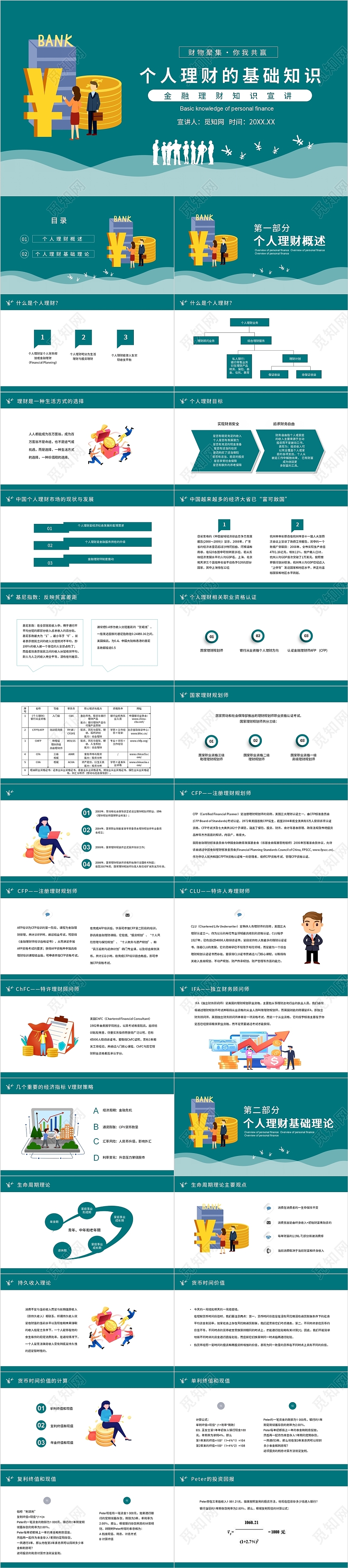 青色绿色简约商务个人理财的基础知识PPT模板