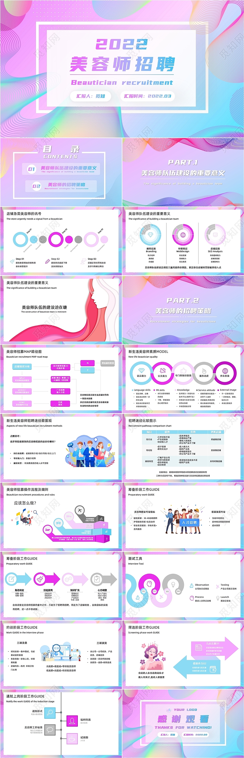 蓝粉色渐变简约商务美容师招聘PPT模板美容师招聘157925257