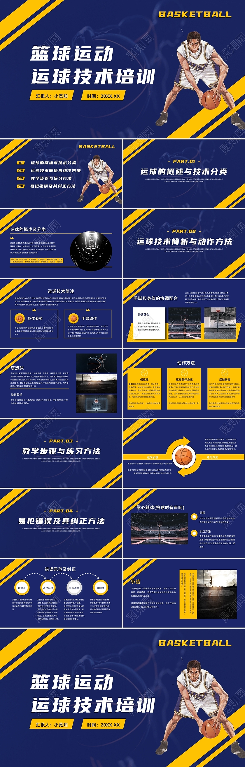 蓝色黄色运动篮球运球技术培训PPT课件PPT