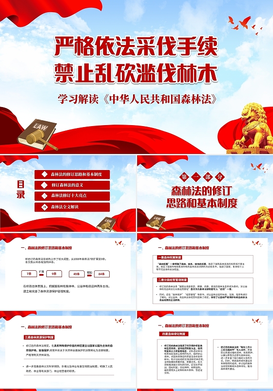红色简约学习解读中华人民共和国森林法严格依法采伐手续禁止乱砍世界森林日