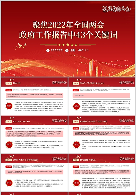 红色党政课件培训政府工作报告中43个关键词PPT模板两会政府工作报告关键词解读