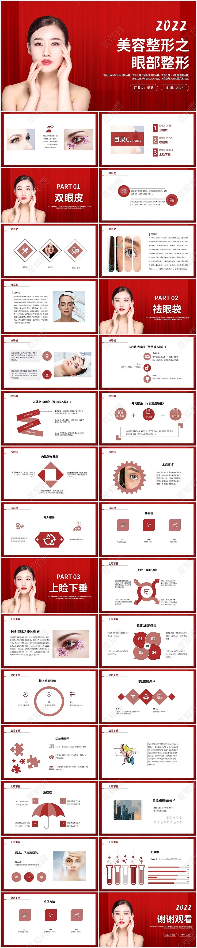 红色简约风格美容整形之眼部整形PPT营销策划PPT整形美容之眼部整形