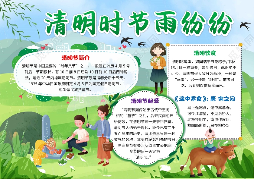 绿色卡通清明时节雨纷纷清明节卡通小报手抄报