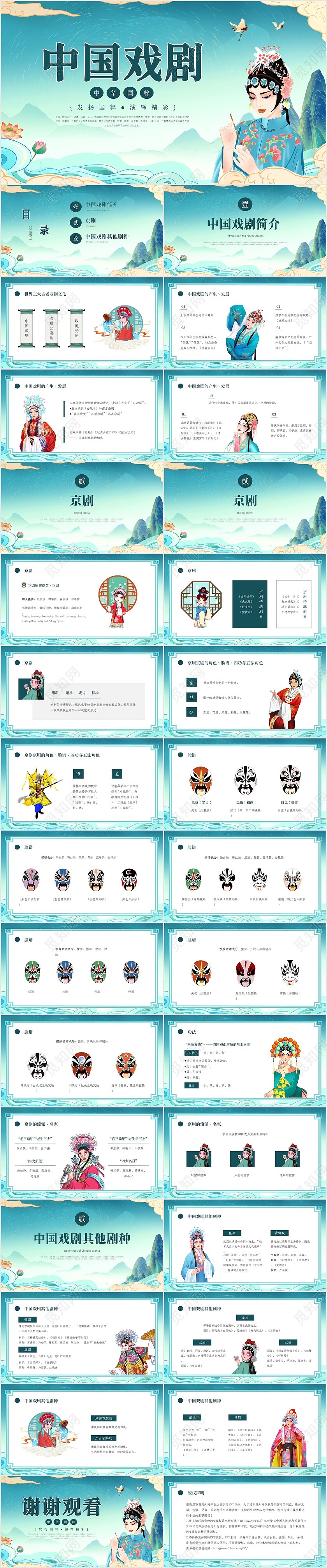 绿色国潮卡通中国戏剧PPT模板世界戏剧日