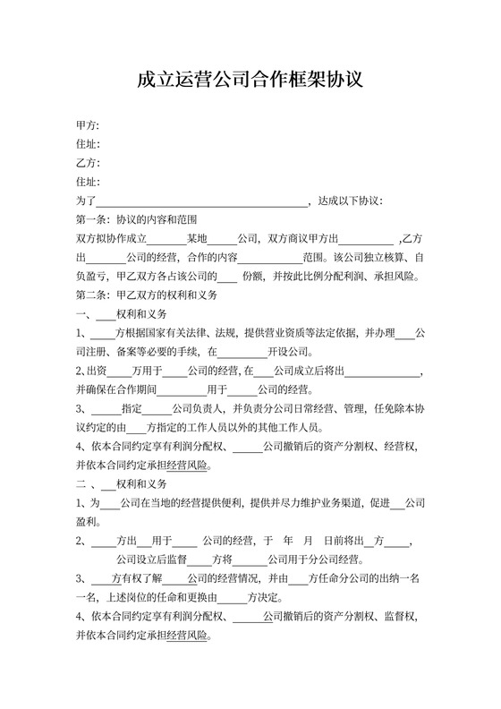 运营公司合作协议框架