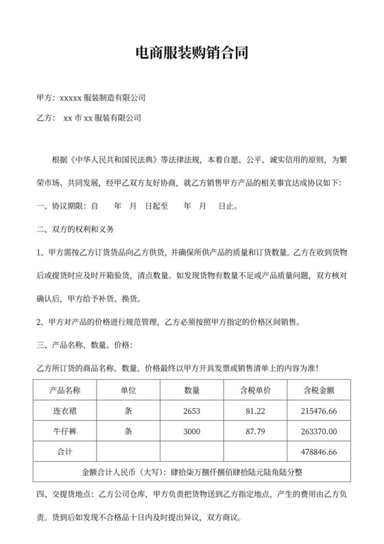电商服装购销合同模板