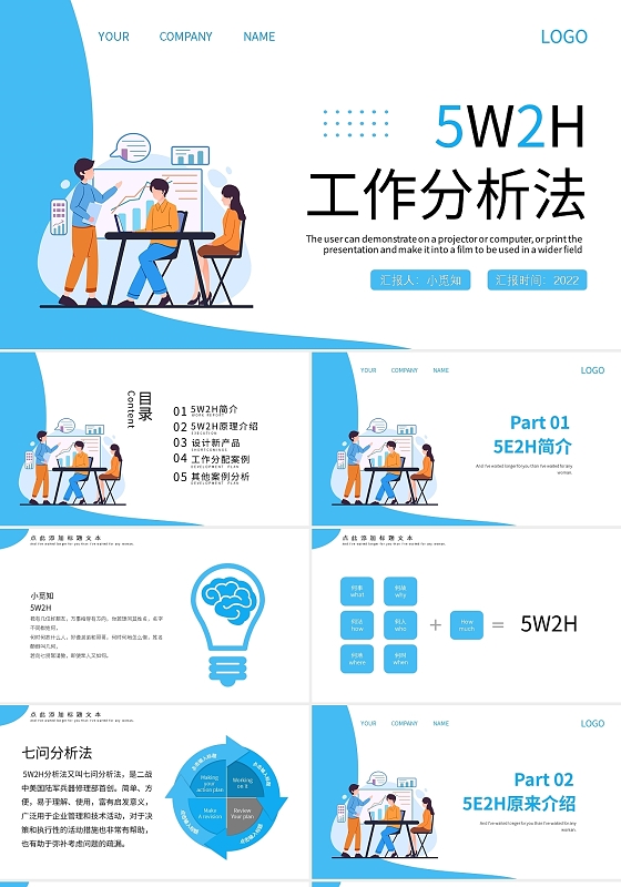 蓝色简约5w2h工作分析法PPT模板宣传PPT动态PPT