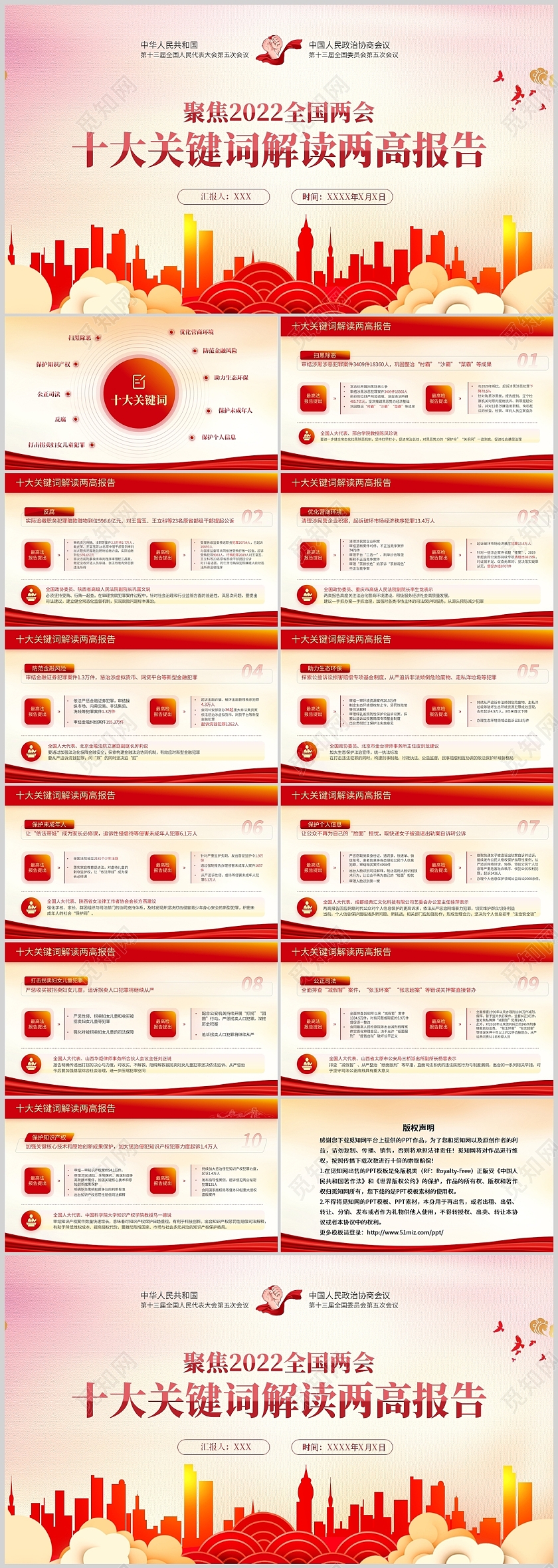 党课红色简约十大关键词解读两高报告两会学习课件PPT模板