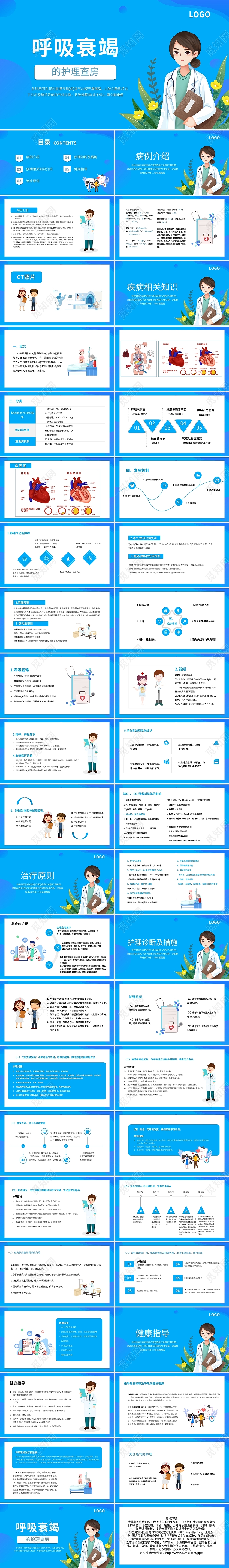 蓝色卡通呼吸衰竭的护理查房PPT模板宣传PPT动态PPT