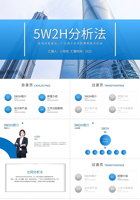 蓝色简约5w2h工作分析法PPT模板宣传PPT动态PPT