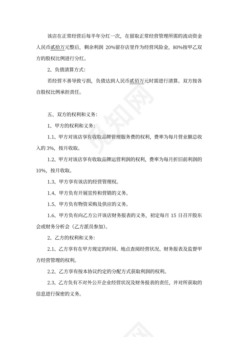 餐饮品牌投资店协议