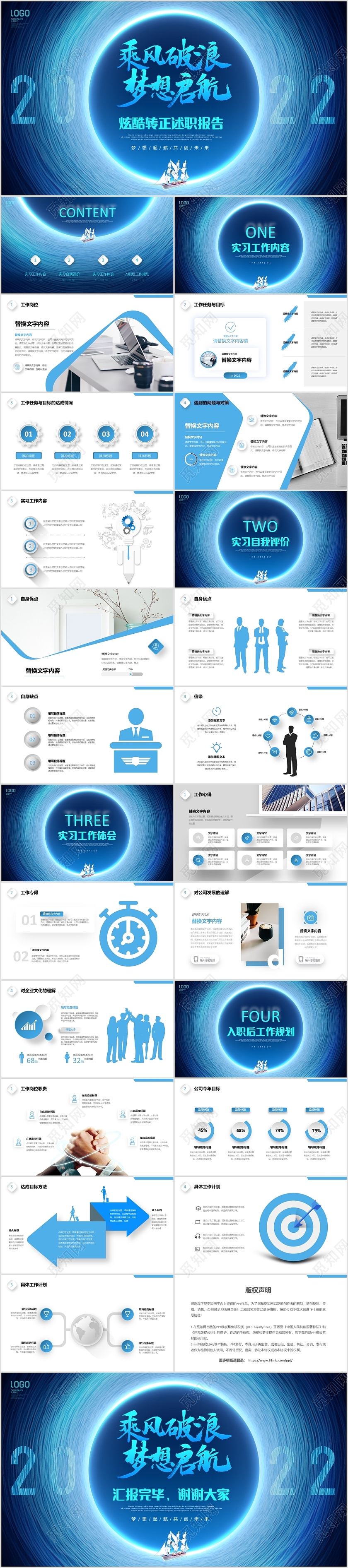 蓝色炫酷乘风破浪转正述职报告工作总结商务通用PPT