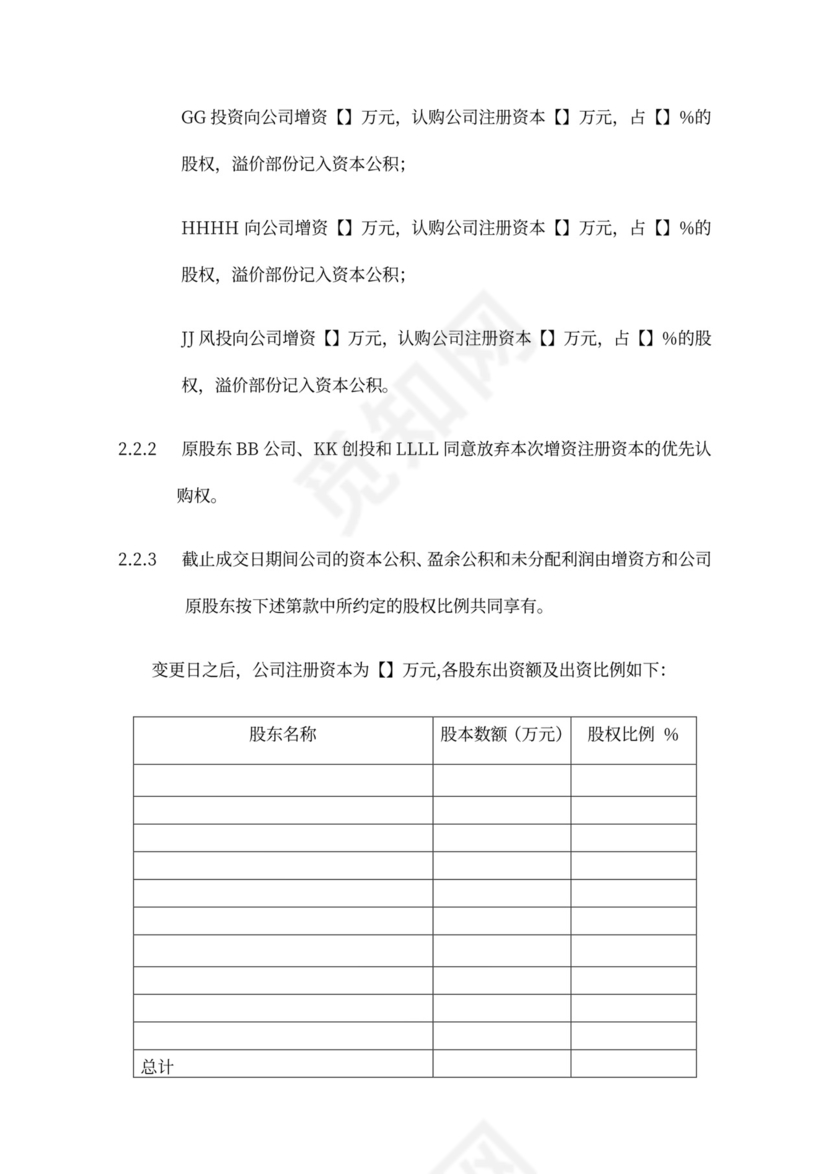 著名风投的增资扩股协议