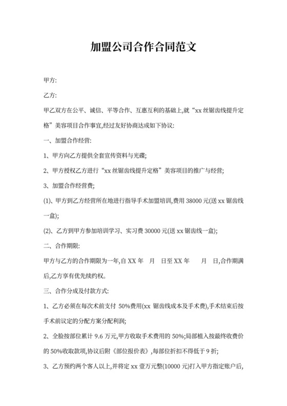 加盟公司合作合同范文