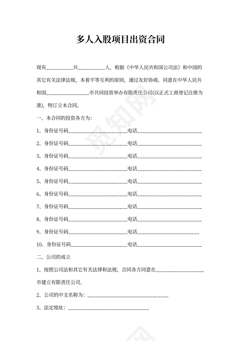多人入股项目出资合同(简约版)