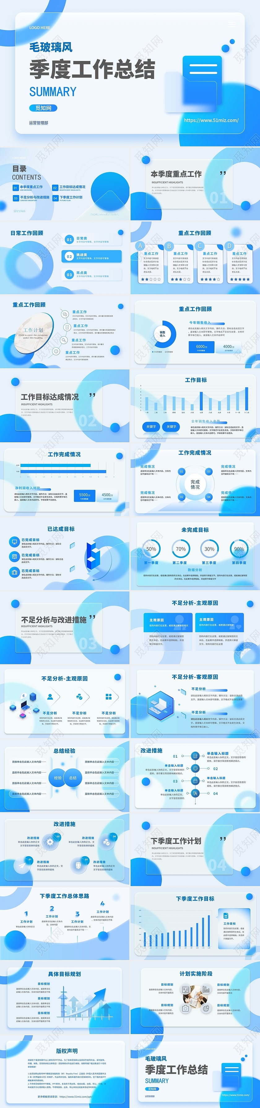蓝色商务毛玻璃简约季度工作汇报PPT模板毛玻璃风部门季度总结季度工作总结