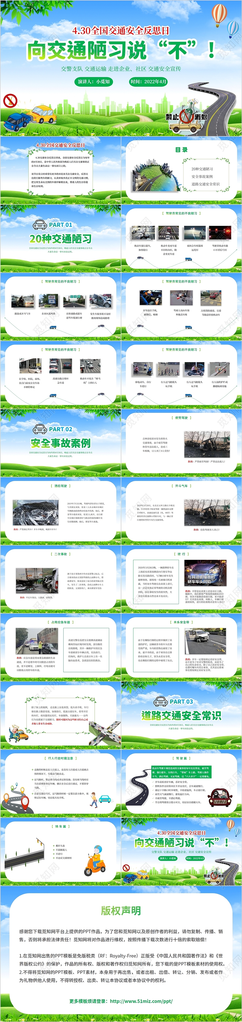 2022蓝天草地小清新政府交警交通安全反思日宣传学习培训模板