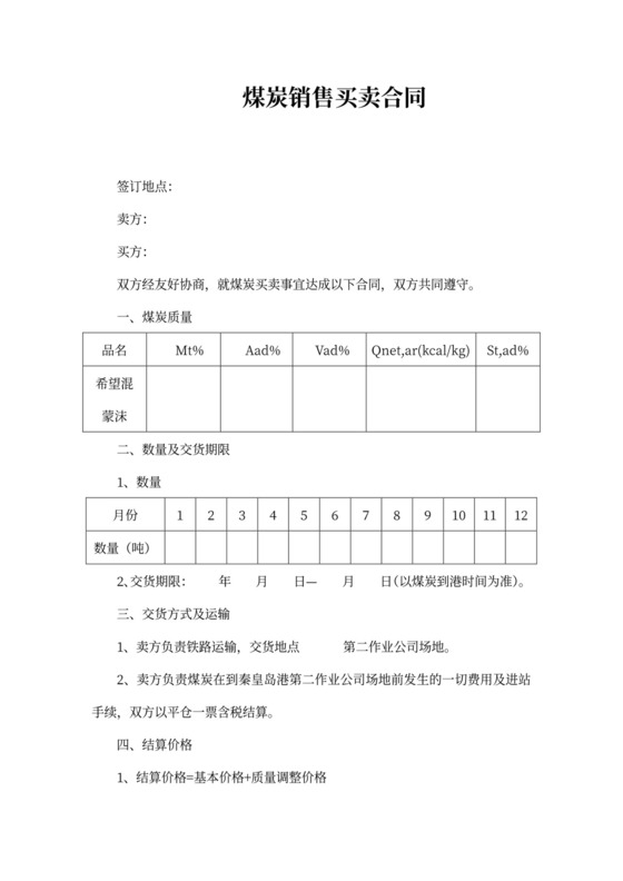 煤炭销售买卖合同