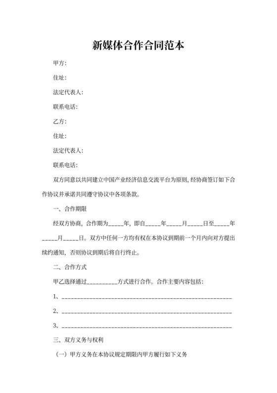 新媒体合作合同范本