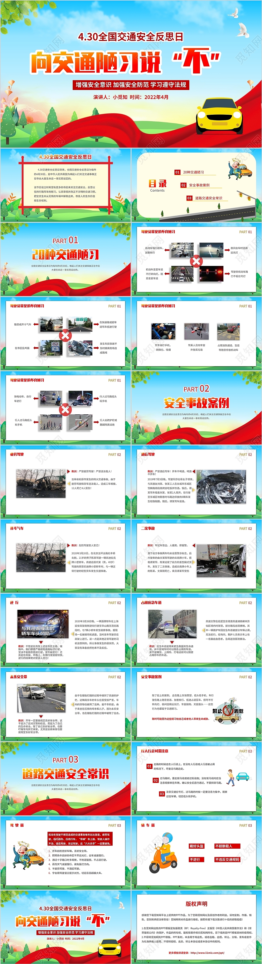 2022绿色小清新交警运输交通安全反思日学习宣传培训模板