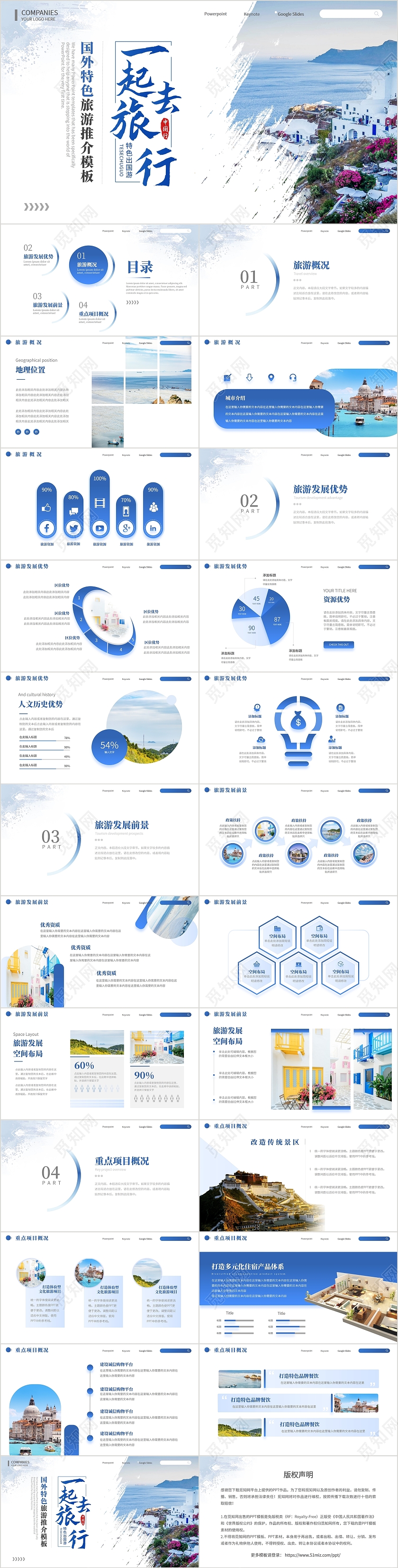 蓝色简约通用渐变旅游推介旅行策划计划旅行社宣传PPT模板