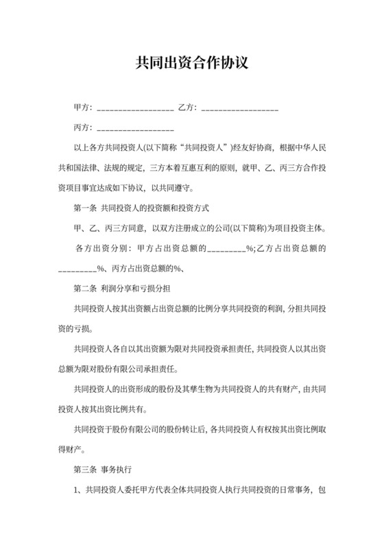 共同出资合作协议