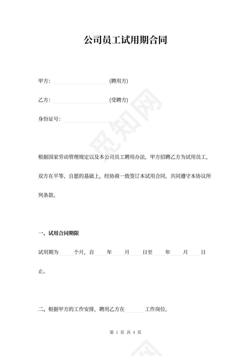 公司员工试用期合同范本