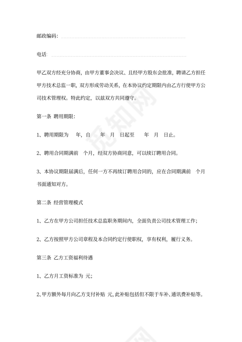 技术总监聘用合同