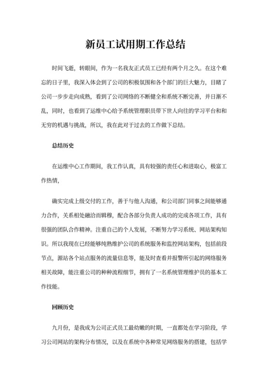 新员工试用期个人工作总结范文
