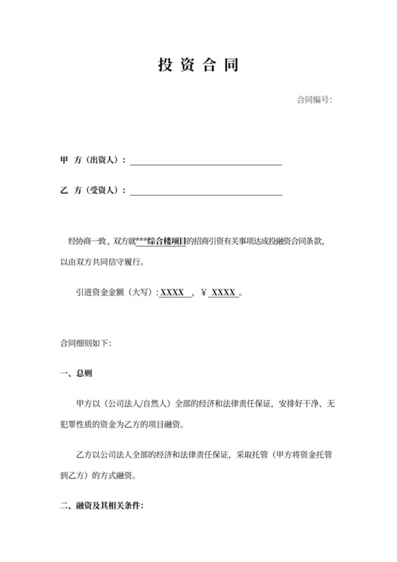 投资公司融资合同律师拟定版本