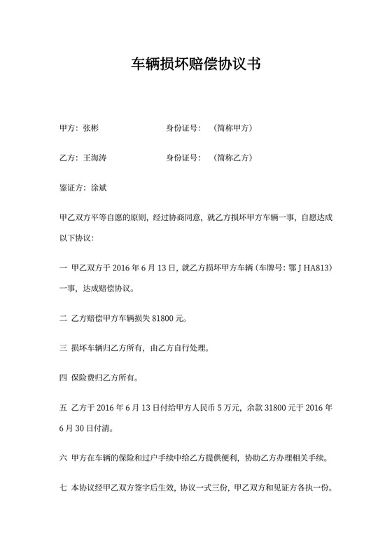 车辆损坏赔偿协议书范本